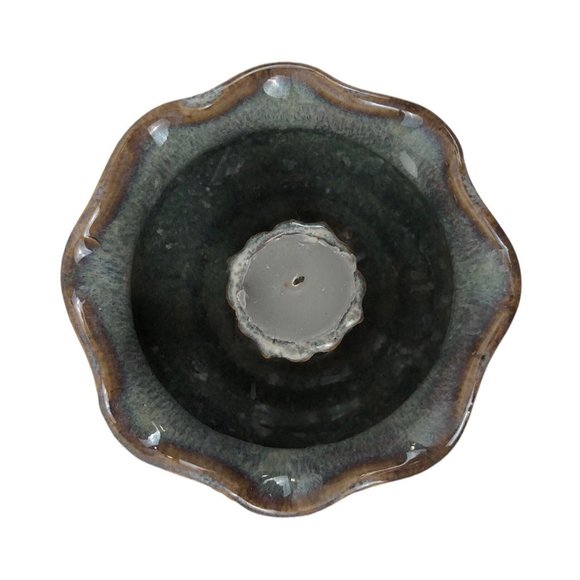 Studio Pottery Single Candlestick Holder Bowl Blue Fluted Edge Hand Signed BAY - Picture 7 of 10